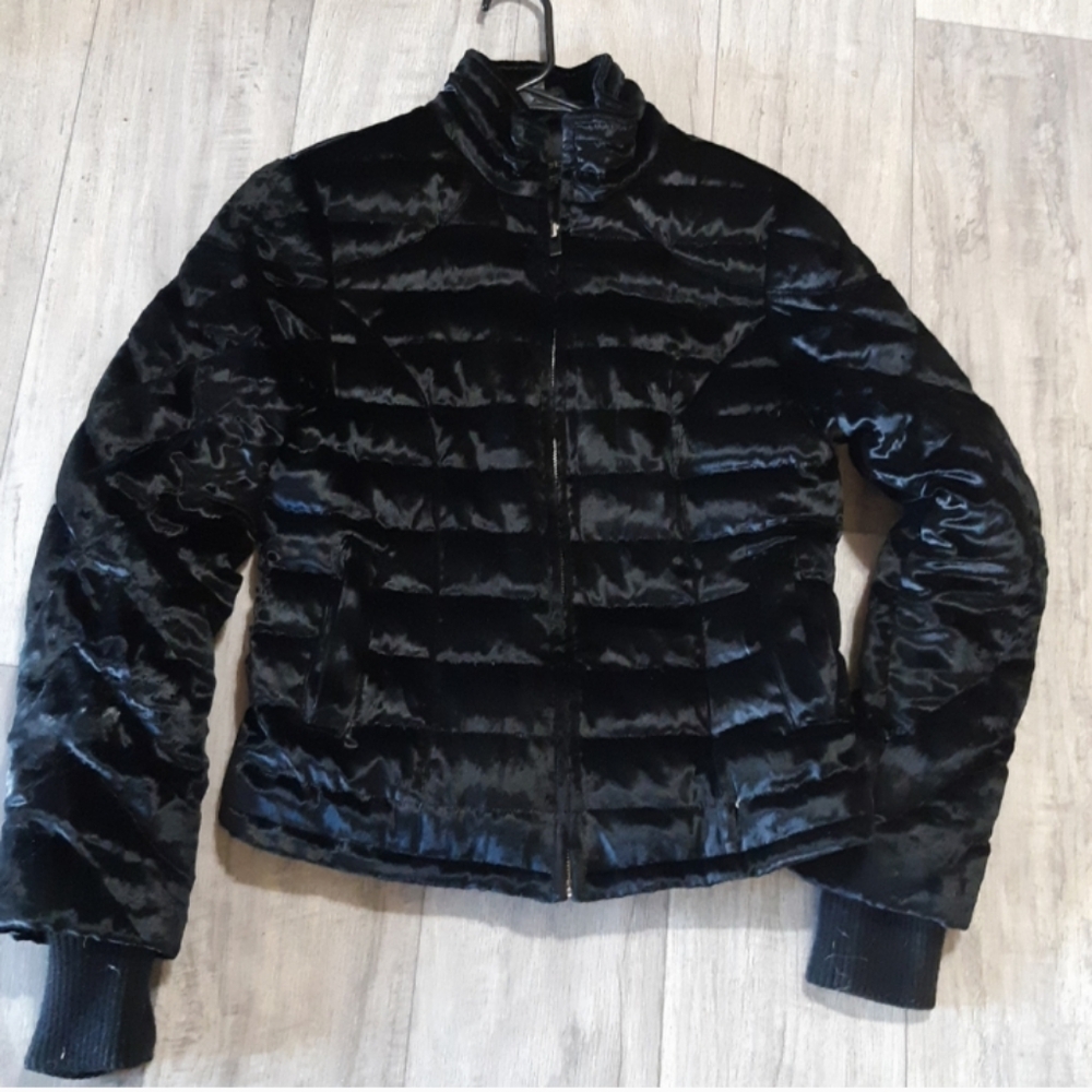 Black Winter Jacket BEBE Soft sz MED Womens zipper front Rayon Silk